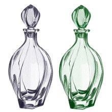 Set Of Grey And Green Glass Bottle Watercolour Sketch. Beautiful Crystal Transparent Decanter Aquarelle Illustration.