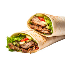 A Tasty Doner Doner Kebab Wrap With Spicy Meat, Lettuce, Tomato, Isolated On Transparent Background