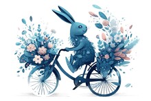 Blue Rabbit Carries A Bouquet Of Flowers On A Bicycle. Generated AI