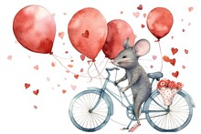 Funny Little Mouse Riding A Bike With Red Balloon. Generated AI