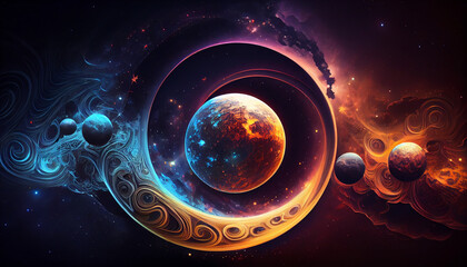 a swirling design with planets in the background and stars in the sky above it, ai generated image