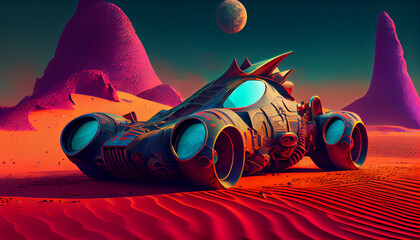 An imaginary car. An oldtimer car racing on an alien planet. An imagined concept full of colors and visual elements, Ai generated image