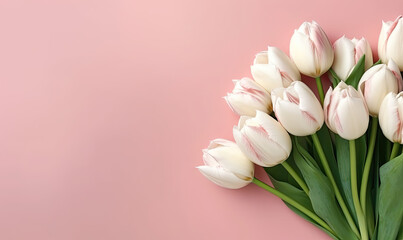 Sticker - Wallpaper with tulips. Flower on pink background. For banner, postcard, illustration, products display presentation. Created with generative AI tools