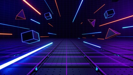 3d technology abstract neon light background, empty space scene, spotlight, dark night, virtual reality, cyber futuristic sci-fi background, street floor studio for mock up. colored geometric.