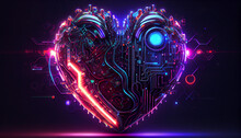 Cyberpunk High-tech Neon Glowing Heart, Cyber Valentines Day Concept, Neural Network Generated Art. Digitally Generated Image. Not Based On Any Actual Scene Or Pattern, Ai Generated Image