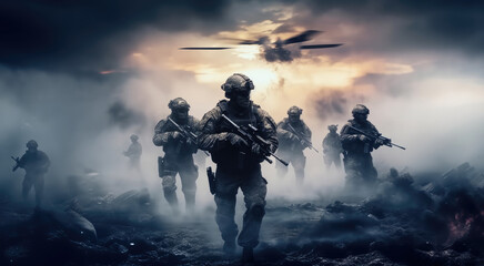 Wall Mural - Military fighting on war, US Army soldier soldiers in a cloud of smoke.