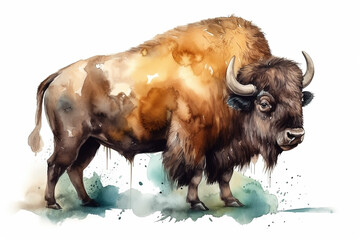 Wall Mural - Watercolor bison illustration on white background