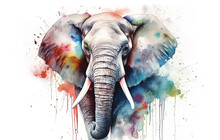 Watercolor Elephant Portrait Illustration On White Background