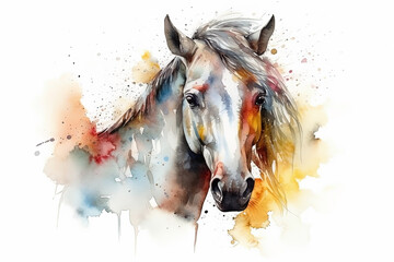 Watercolor horse portrait illustration on white background