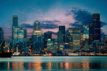 Wall Mural - Colorful Seattle Sunrise Across Elliott Bay. Seen from West Seattle this modern city sparkles just before the sun rises above the horizon. 