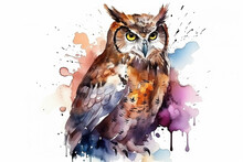 Watercolor Owl Illustration On White Background