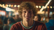young adult man in night life in a bar or disco or club or on vacation in a beach bar, fictitious, wearing thin sweater and a t-shirt underneath, smiling, caucasian, messy light brown hair