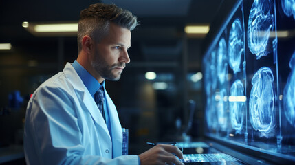 Doctor looking at x-ray image of brain head in a hospital.