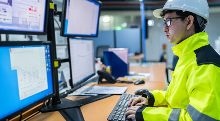 Inside the large Industry Factory Female Computer Engineer Works on Personal Computer She coding program for control machine,Thailand people work on fours monitors,Programmer working with serious