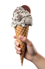 Wall Mural - Hand Holding Cookies And Cream Ice Cream Cone Isolated on Transparent Background
