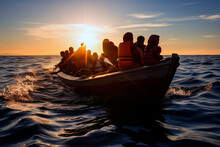Migrants On Boat In Mediterranean Sea Warm Summer Heat