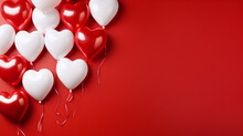 Red And White Heart Balloons On Red Background, Generative Ai
