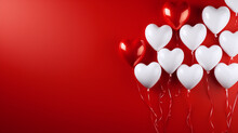 Red And White Heart Balloons On Red Background, Generative Ai