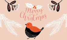 Christmas Greeting Card With Bird, Folk Art Illustration, Traditional Christmas Decorations As Fir Branches And Berries. Orange Black Greeting Template With Calligraphy Inscription