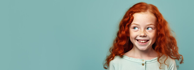 Canvas Print - Smiling small ginger red curly hair girl with freckles. She seems cute and innocent, but is probably little rascal. Looks to left side empty copy space. Generative AI