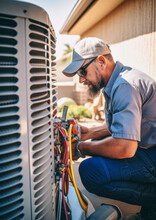 Technician Working On Air Conditioning Outdoor Unit On Hot Sunny Day. HVAC Worker Professional Occupation. Generative AI
