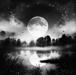 moon, moon and stars, black and white photography, generated by ai