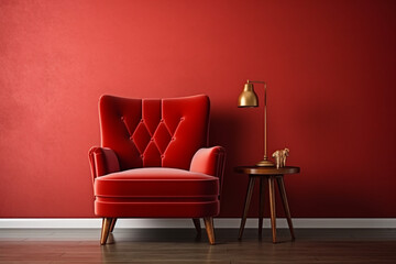 Wall Mural - Beautiful luxury classic velvet red clean interior room in classic style with velvet red soft armchair. Vintage antique velvet chair standing beside emerald wall. Minimalist home design. High quality