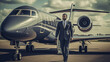 © PaulShlykov - Smiling businessman with private plane on background. Business jet exterior.