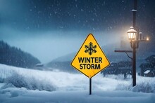 Winter Storm Alarm Sign Board In The Village