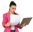 Holding documents and laptop, portrait of young busy business woman manager, lawyer, accountant holding documents and laptop. Checking financial reports, working. Isolated transparent png background.