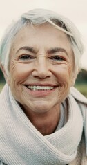 Sticker - Happiness, smile and face of elderly woman laughing at a comic, funny or comedy joke while standing in a park. Nature, happy and portrait of calm senior female person with positive mindset in garden.