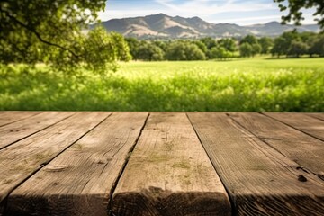 empty table for product showing - Green bokeh Natural background . Generative ai	