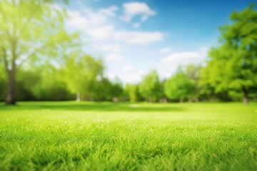 Wall Mural - Beautiful blurred background green grass under blue skies