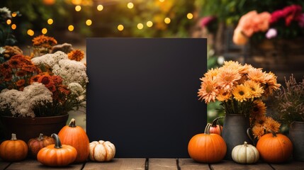 Wall Mural -  welcome signboard mock up with pumpkins and flowers