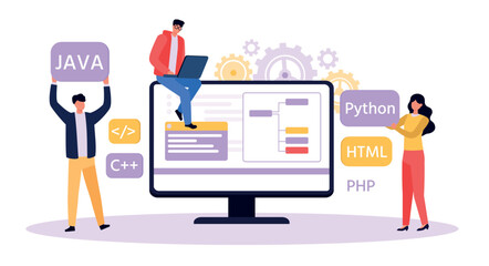 Wall Mural - programmer and designer developing website. software developer writing python, java, html code. man 
