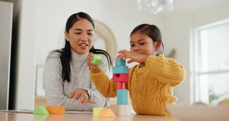 Canvas Print - Mother playing with building blocks with her girl kid in the kitchen for child development at home. Happy, bonding and young Asian mom helping her daughter with wood toys for fun at their house.