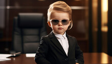 Girl baby boss in business suit in office, made with Generative AI