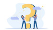© GOLDMAN - Person people question mark answer vector illustration concept action. Advice ask business cartoon FAQ help man and woman background. Problem idea confusion human. Think banner support conversation