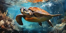 Watercolor Beautiful Compelling Sea Turtle In Coral Reef 