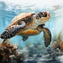 Wall Mural - watercolor beautiful compelling sea turtle in coral reef 