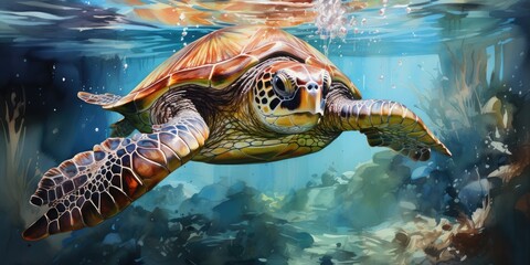 Wall Mural - watercolor beautiful compelling sea turtle in coral reef 