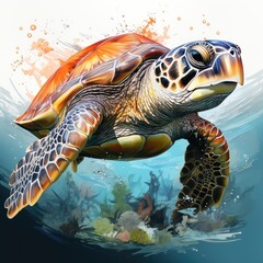 Wall Mural - watercolor beautiful compelling sea turtle in coral reef 