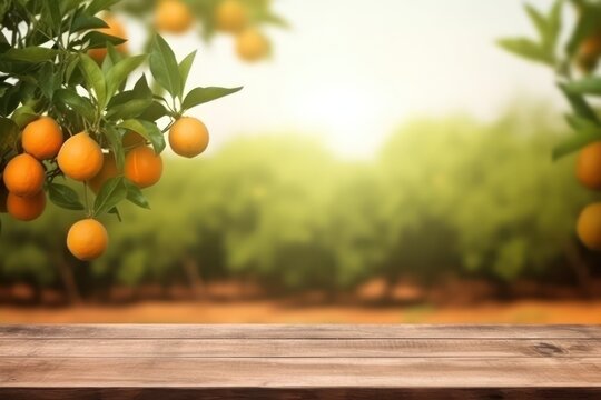 Empty wood table with free space over orange trees, orange field background. For product display montage. Orange field background.