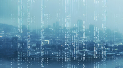 Animation of glitched looping binary codes over fog covered under construction modern buildings