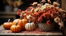 Autumn Still Life With Pumpkins And Flowers, Space For Copy, Banner - Generative Ai