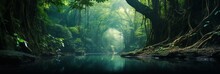 Deep Tropical Jungles Of Southeast Asia, Green Trees Tunnel Extra Wide Background Banner