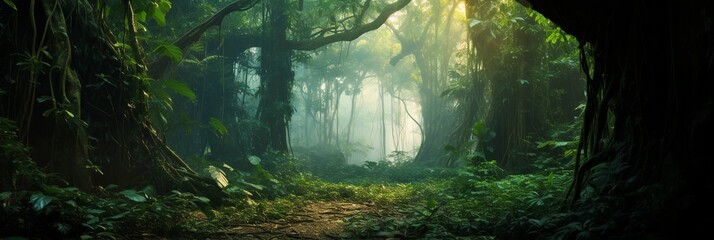 Wall Mural - Deep tropical jungles of Southeast Asia, green trees tunnel extra wide background banner