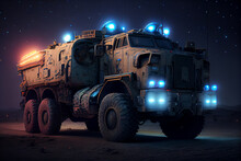 War Concept. Military Silhouettes Fighting Scene On War Fog Sky Background, World War Truck Silhouettes Below Skyline At Night. Armored Vehicles