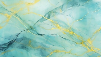 Poster - Generative AI : Mint Blue and Lemon Yellow liquid watercolor background with golden stains and beige. Mint Blue and Lemon Yellow marble alcohol ink drawing effect. Vector illustration design template 