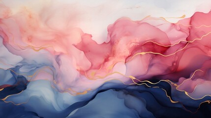 Poster - Generative AI : Marble Soft Blue and Pale Pink liquid watercolor background with gold wave pattern. Dusty grey emerald alcohol ink drawing effect with golden stains. Vector illustration of fluid acryl